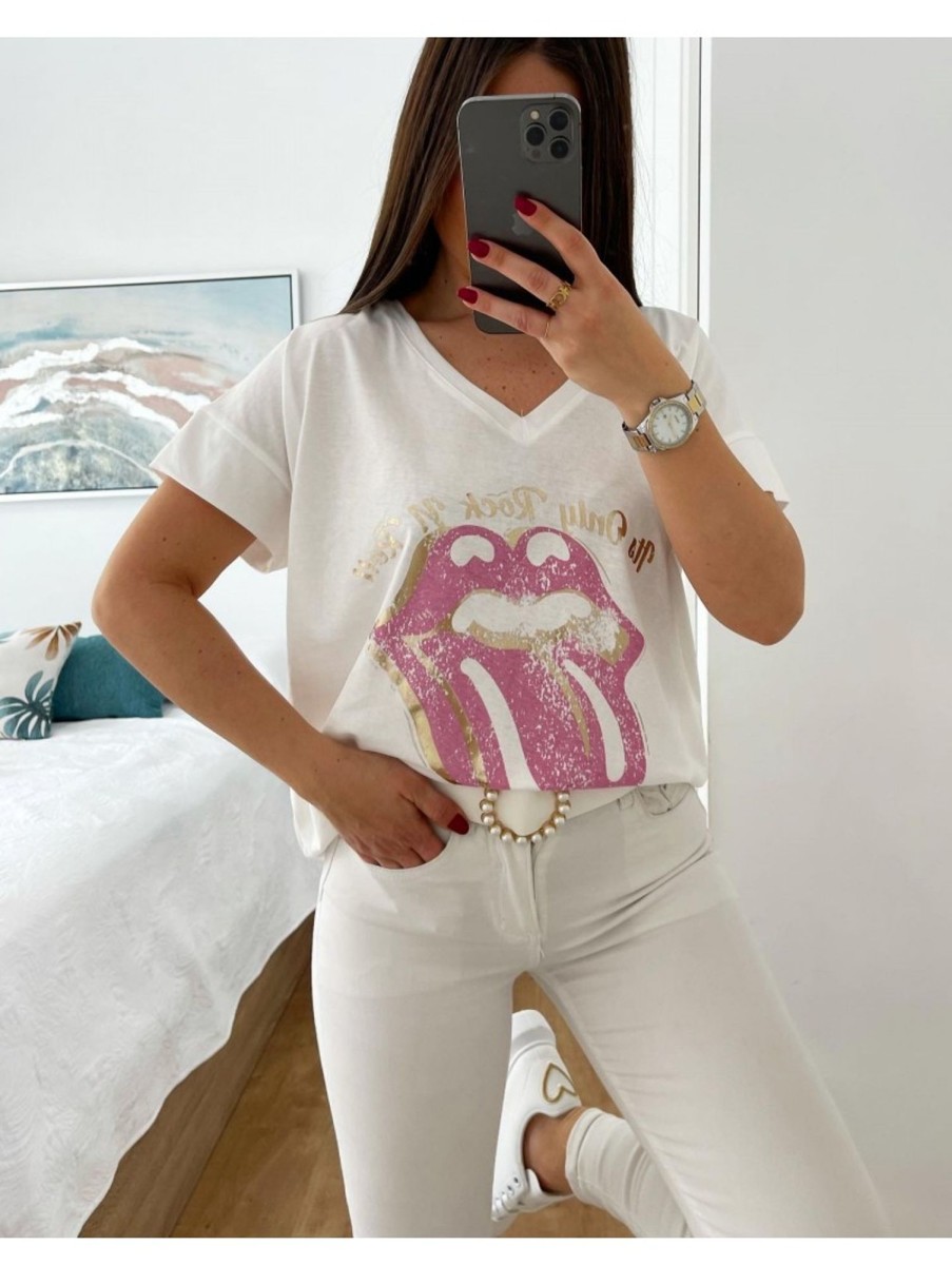 Caperucita Rosa (Rosa Navarro) Camiseta Blanca Manga Corta Pink Tongue (L37)