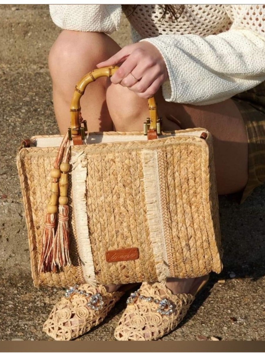 Caperucita Rosa (Rosa Navarro) Bolso Efecto Rafia Asas Bambu Con Pompon (V00)