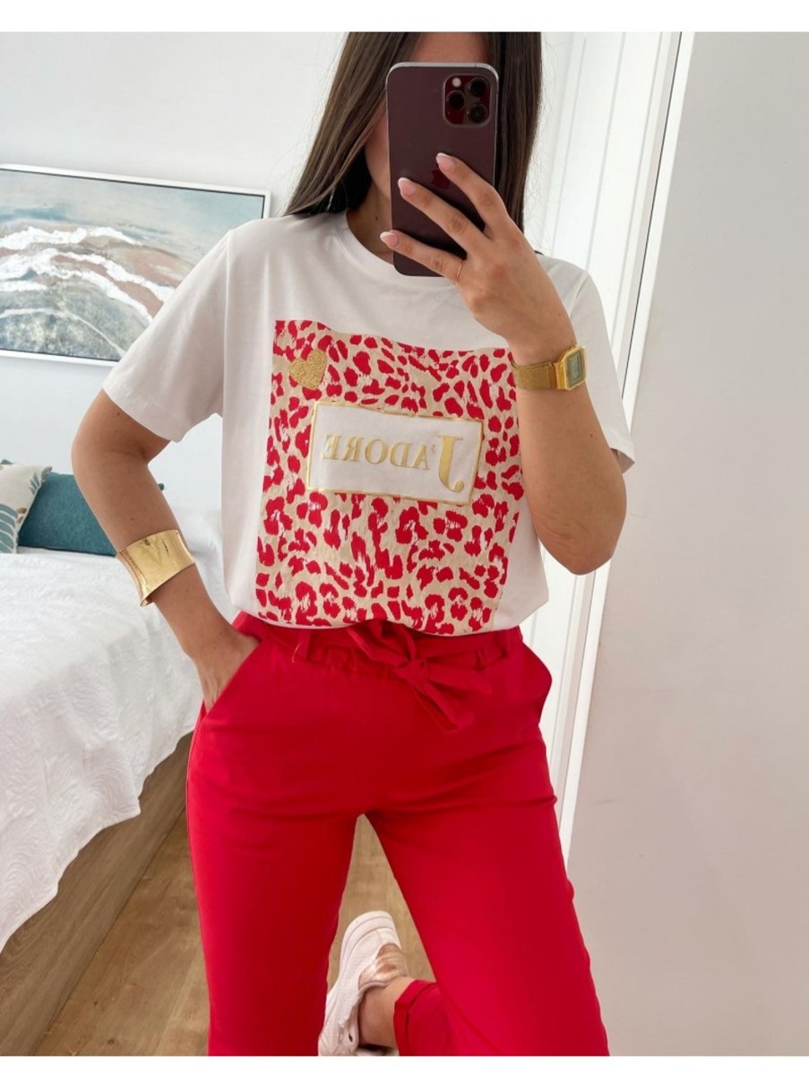 Caperucita Rosa (Rosa Navarro) Camiseta Blanca Manga Corta Animal Print Rojo J'Adore (V07)