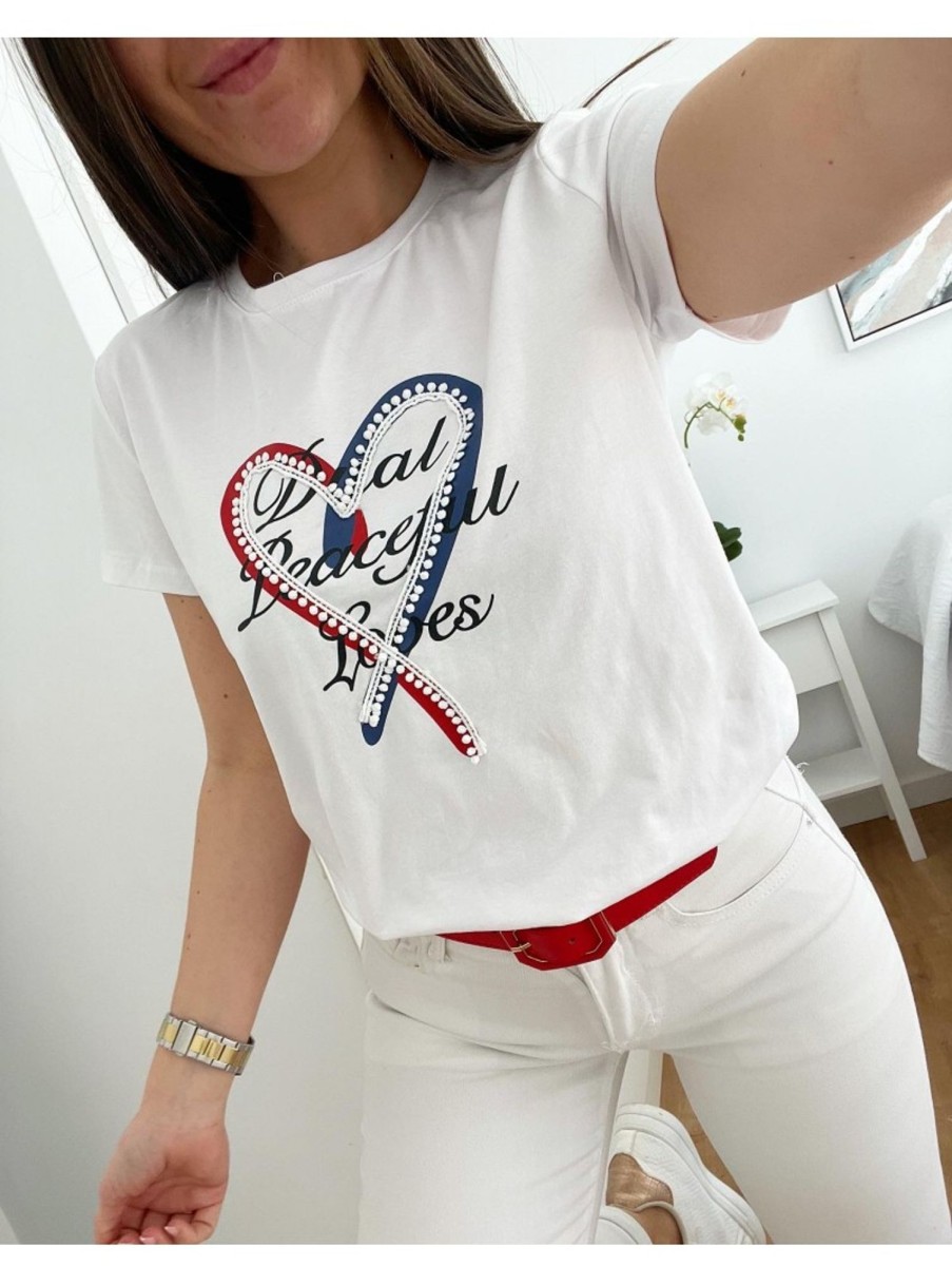 Caperucita Rosa (Rosa Navarro) Camiseta Blanca Corazon Rojo/Azul Boho C-195 (G34)